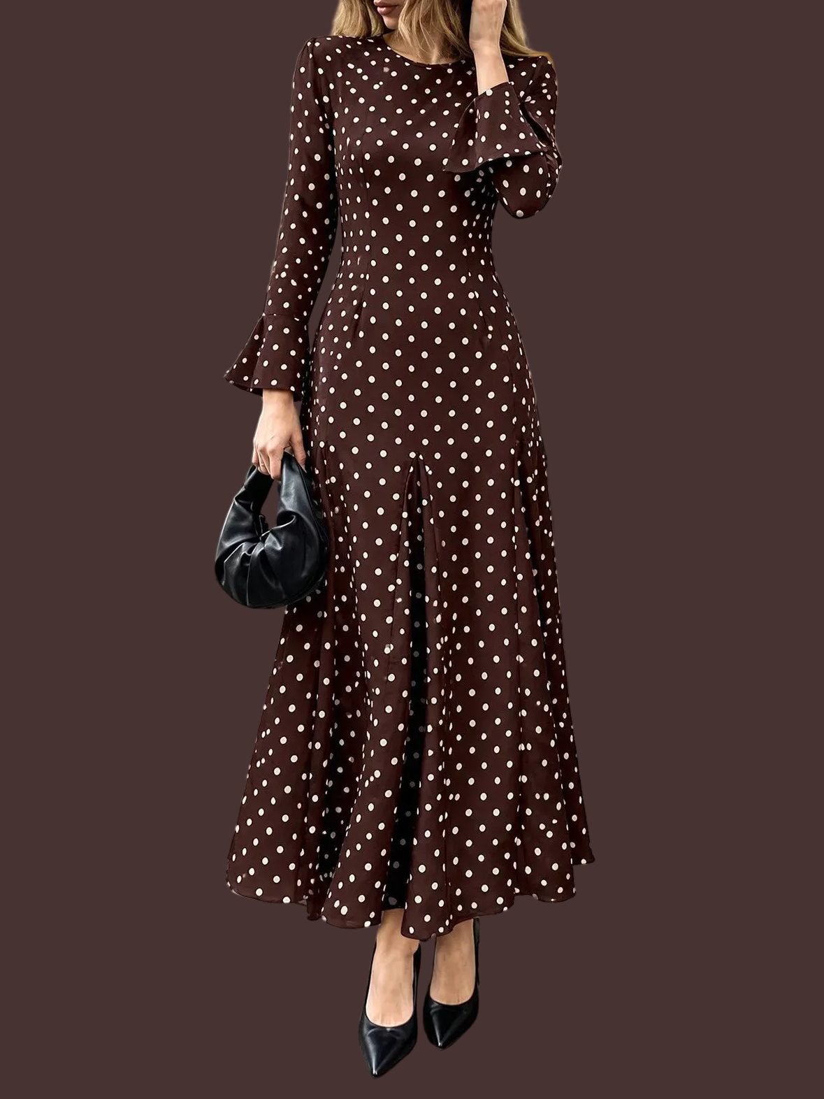 Coffee brown polka dot long sleeve maxi dress, front view with gathered skirt