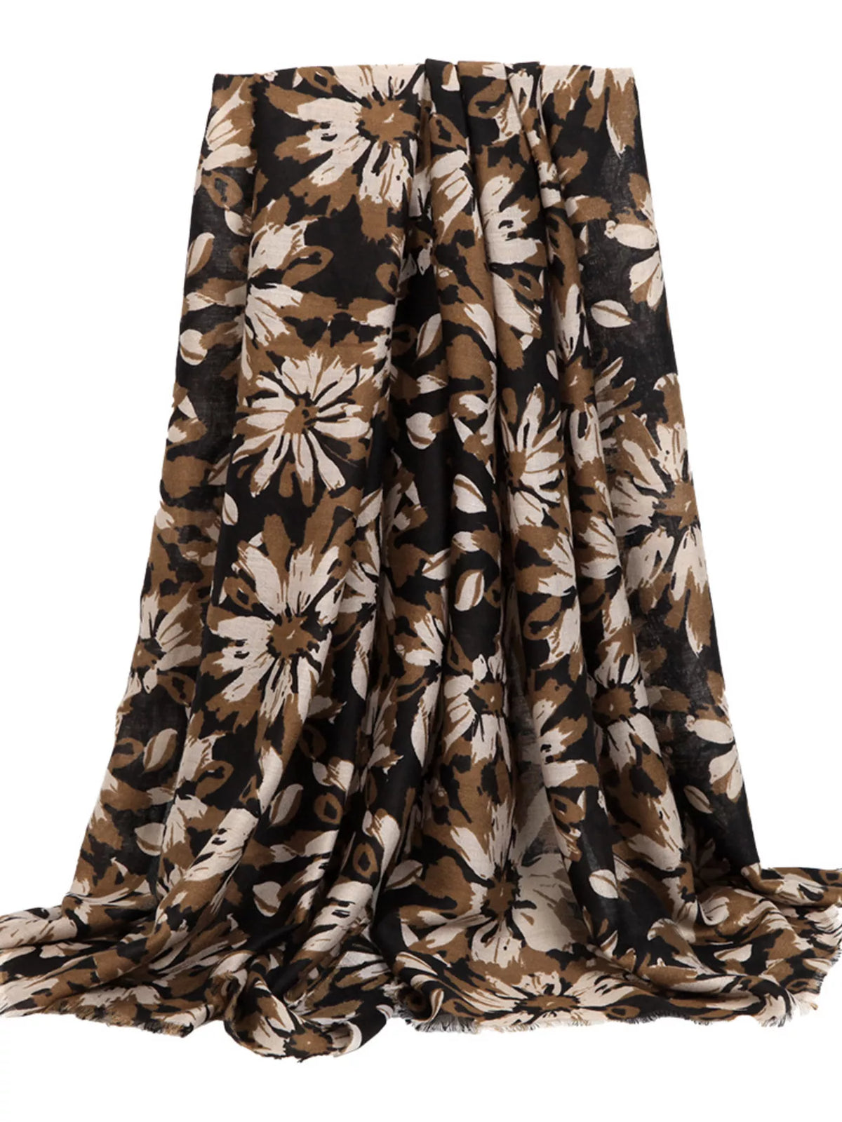 Floral print scarf with fringed hem, flowy drape in dark base and tan-and-cream flowers