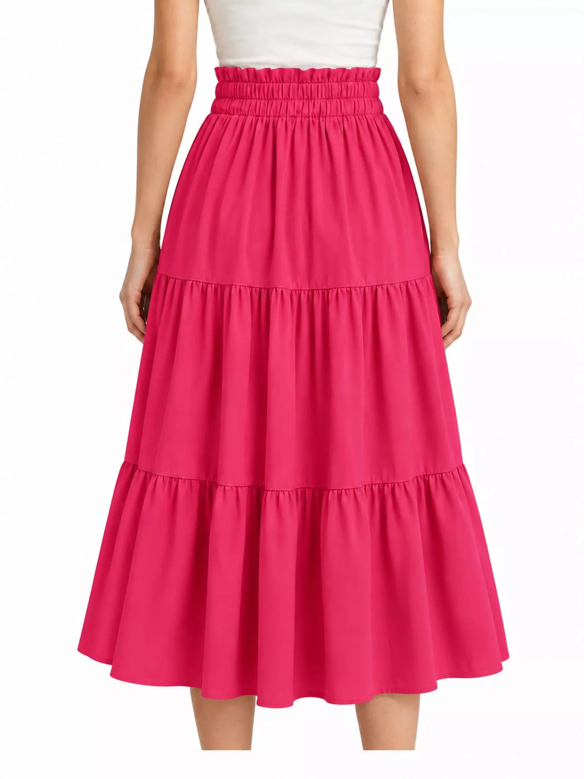 Hot pink tiered midi skirt with elastic waistband, tiered ruffle construction, midi length.