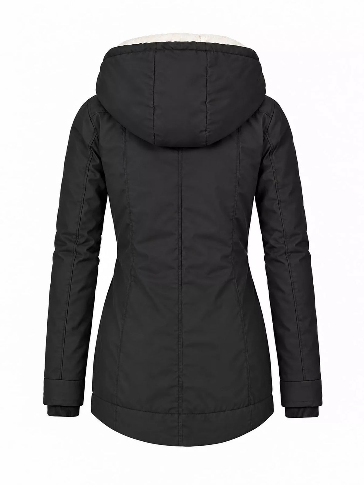 Sherpa-lined hooded parka in black, quilted exterior and full front zipper.