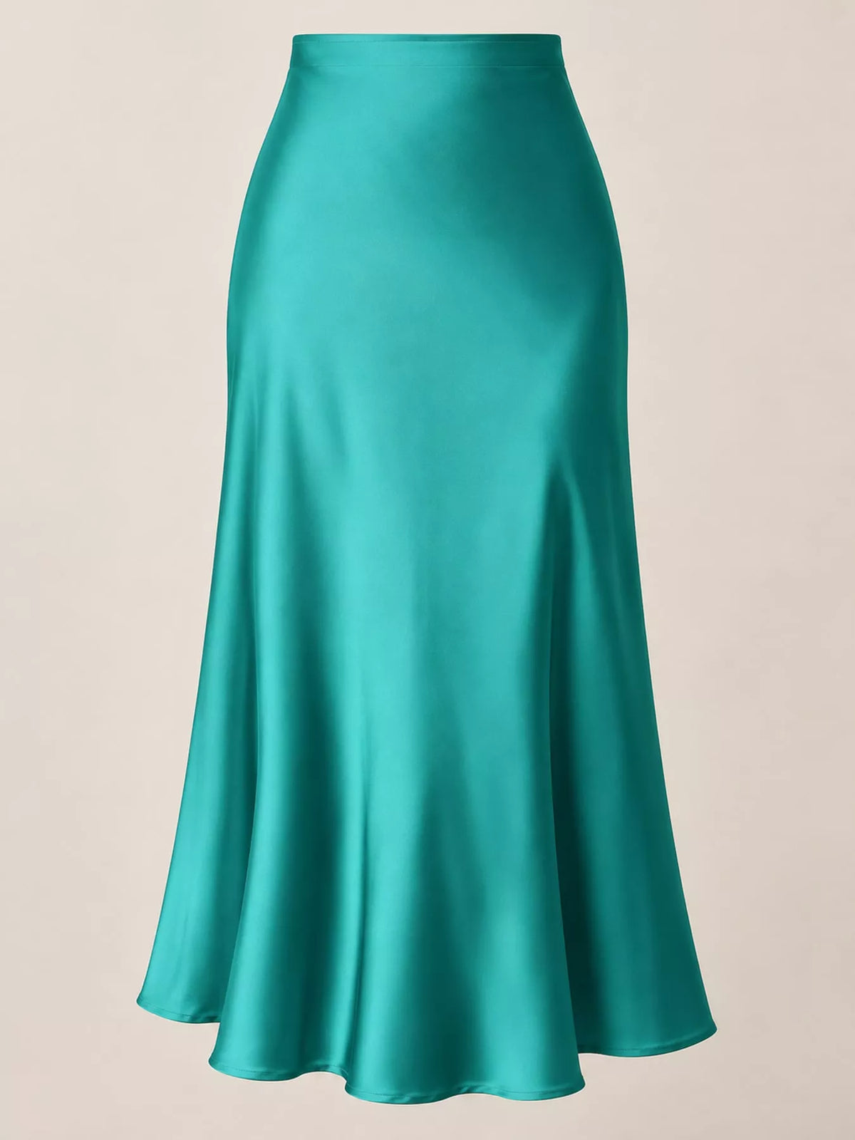 High-waisted satin midi skirt in teal with smooth drape and flared hem
