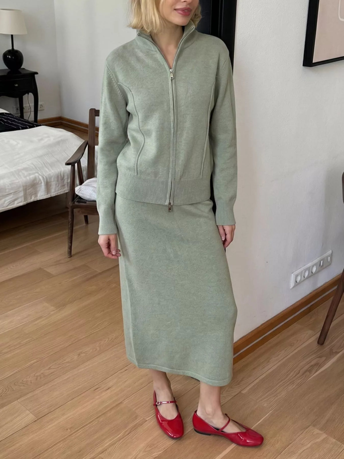 Sage zip-up cardigan with ribbed cuffs and matching midi skirt