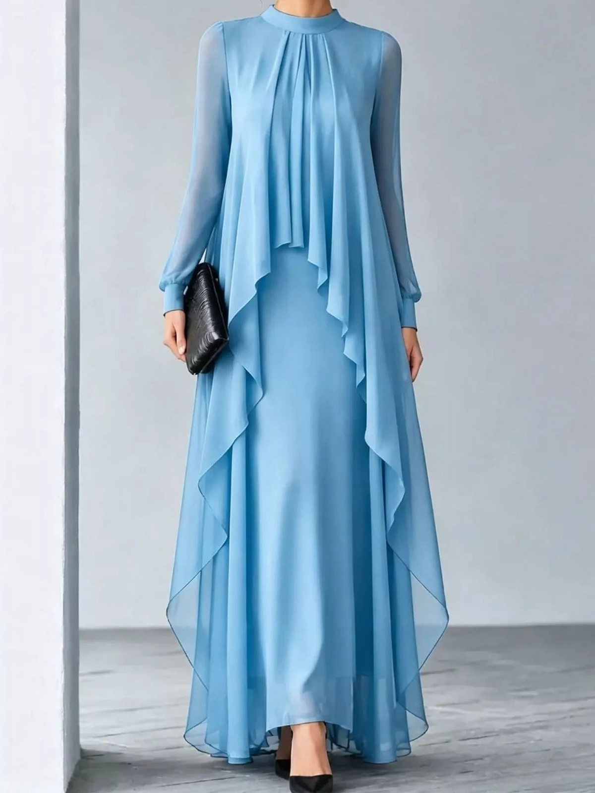 Light blue chiffon maxi dress with sheer sleeves and cascading layered overlay