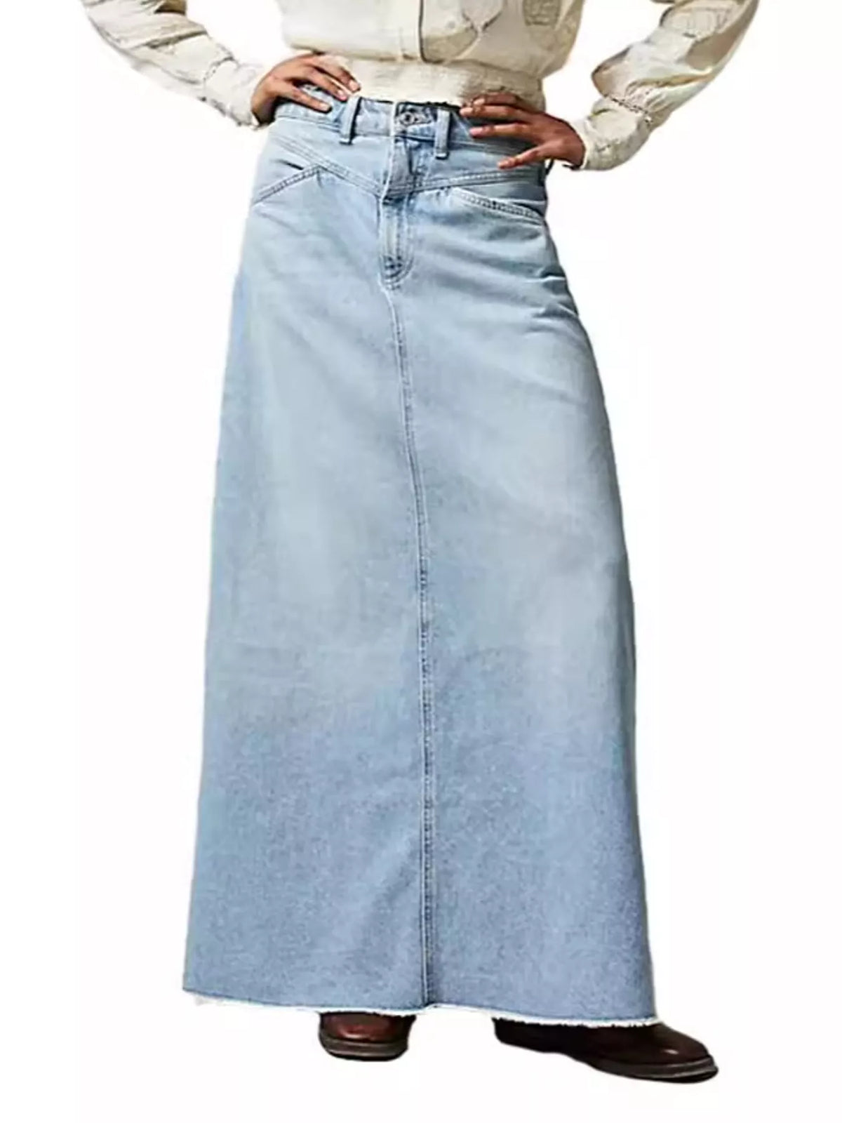 Light blue denim maxi skirt with raw hem and front button closure