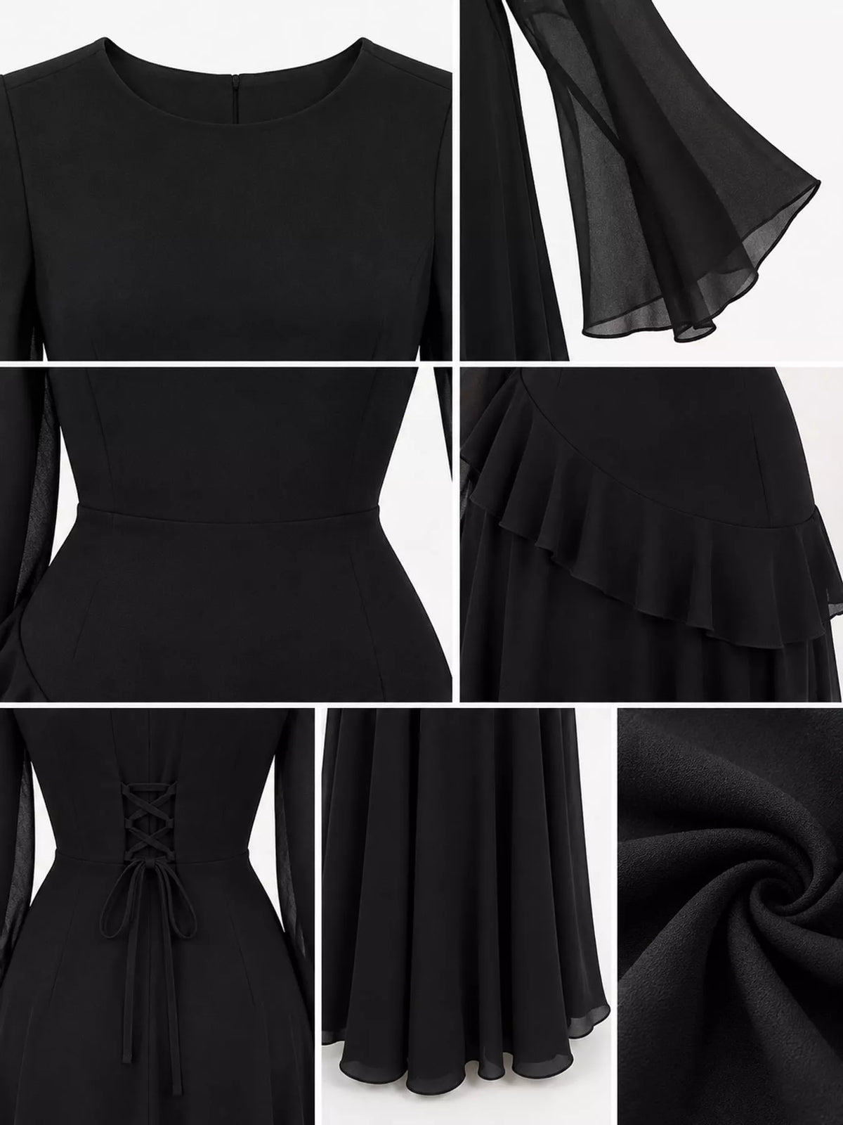 Plus size ruffled flare sleeve maxi dress in black, details of lace-up back and ruffle tiers