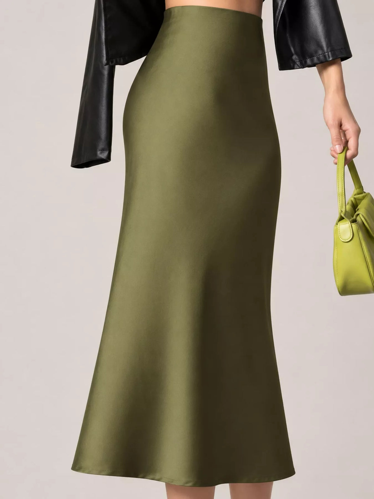 High-waisted satin midi skirt in olive green with wide waistband and A-line silhouette