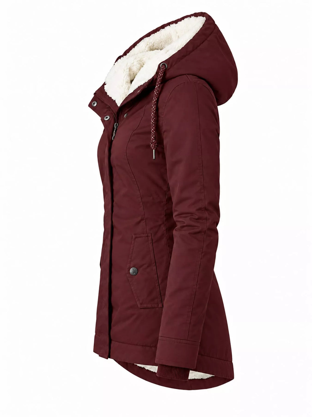 Burgundy sherpa-lined hooded parka, side view with metal snap placket and drawstring