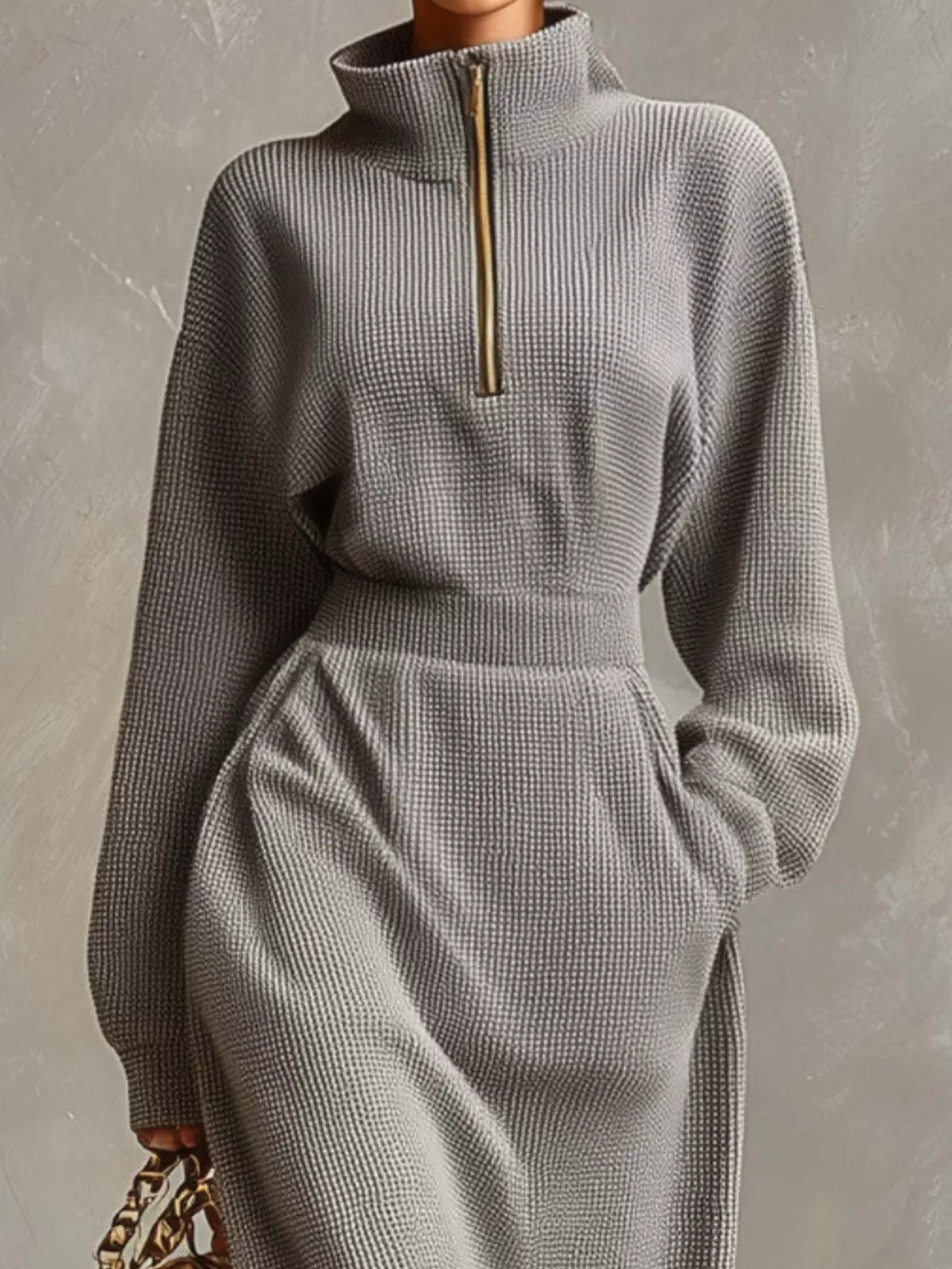 Grey waffle-knit dress with quarter zip, high collar, long sleeves and side pockets