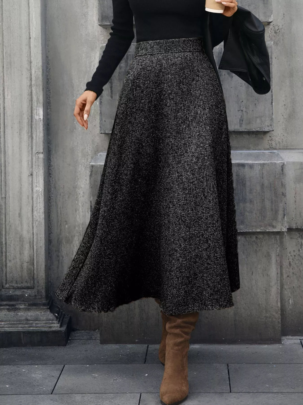 Gray textured A-line midi skirt with a flowing, flared hem