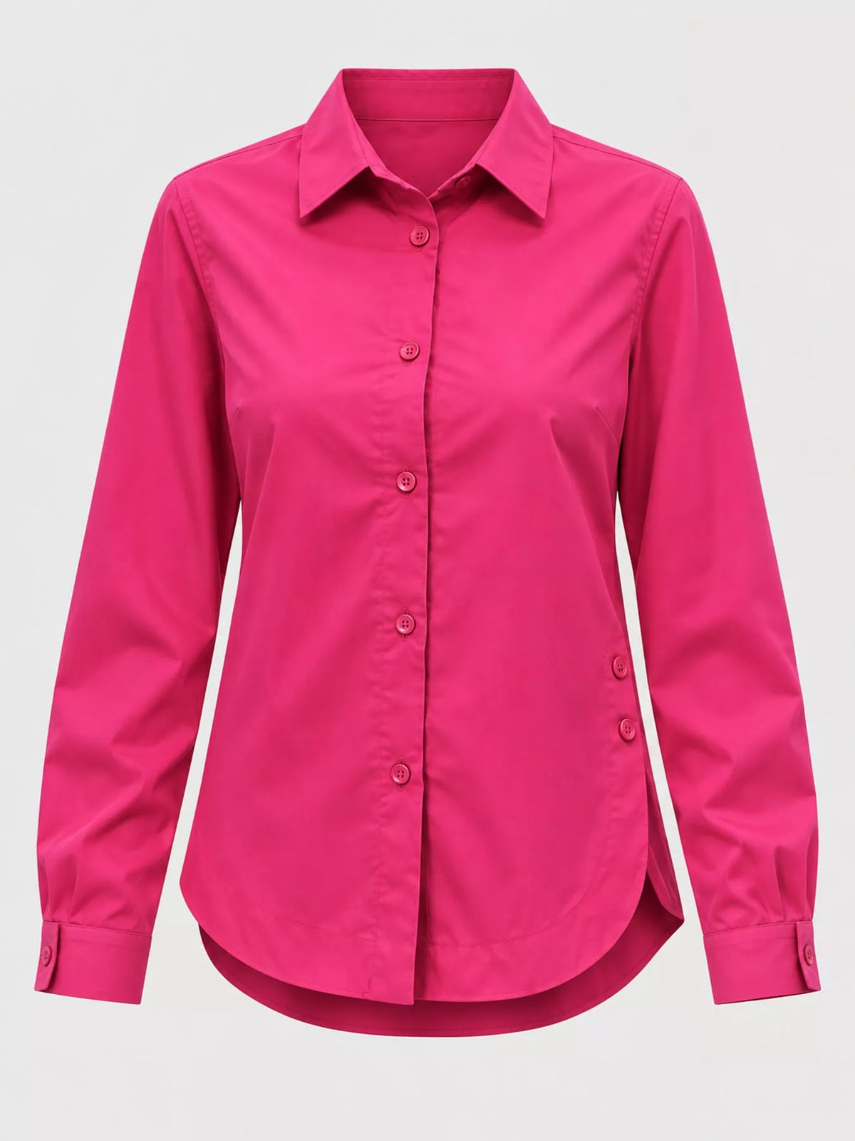 Fuchsia pink long-sleeve button-up shirt, front view with pointed collar and curved hem.