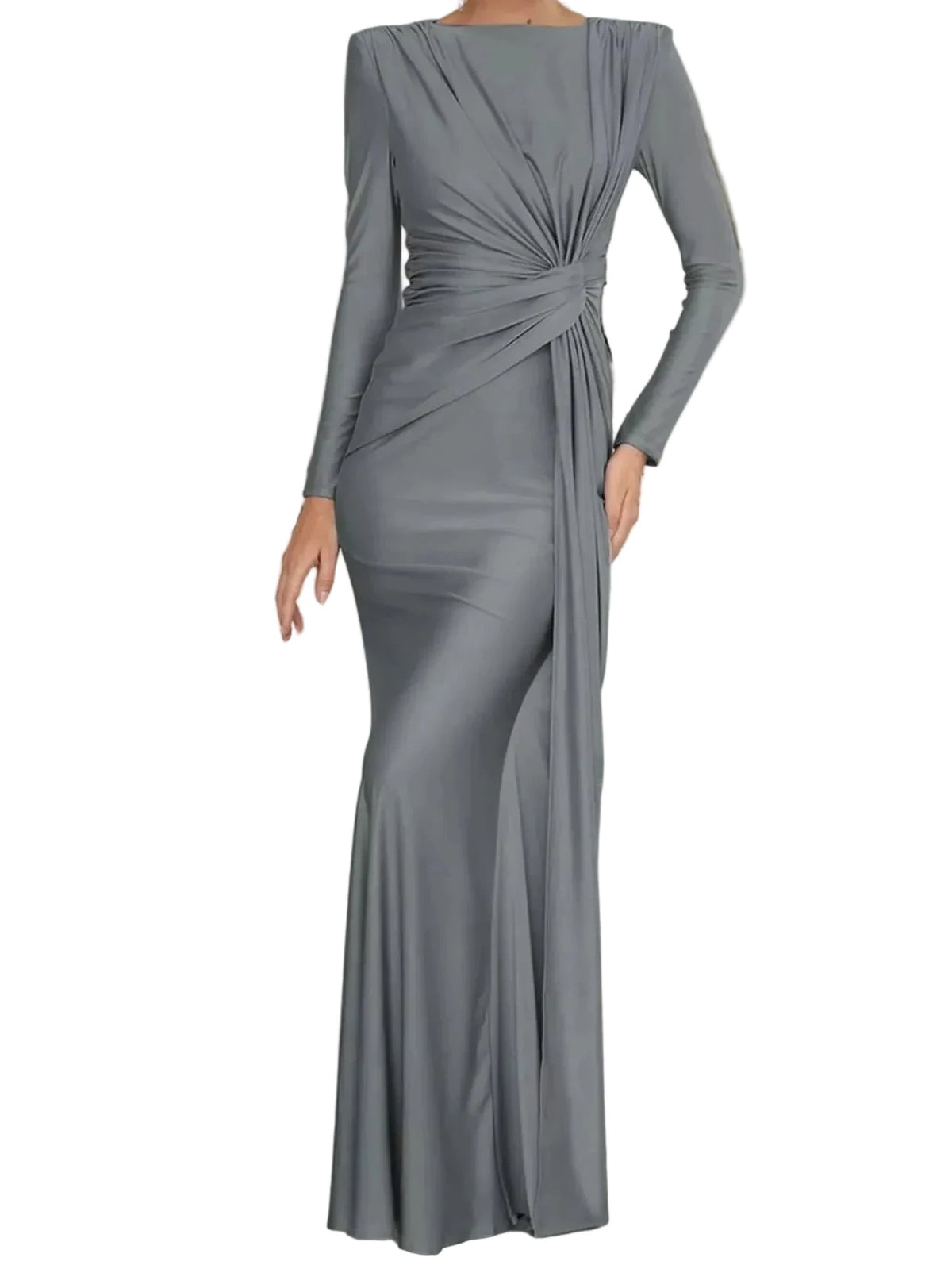 Gray twisted long-sleeve maxi dress with front ruched knot and floor-length skirt