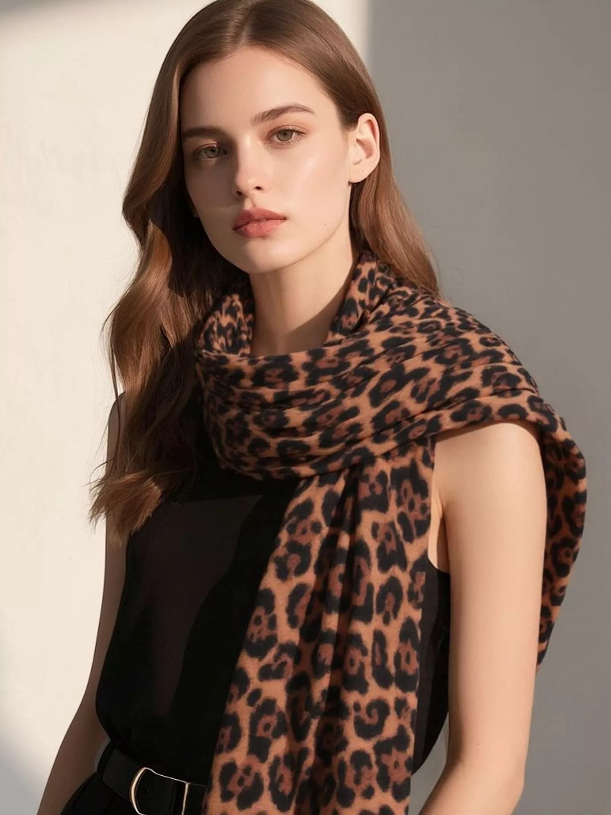 Leopard print fringe scarf in camel-brown with dark spots and soft drape.