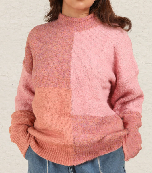 VERY J Color Block Mock Neck Drop Shoulder Sweater