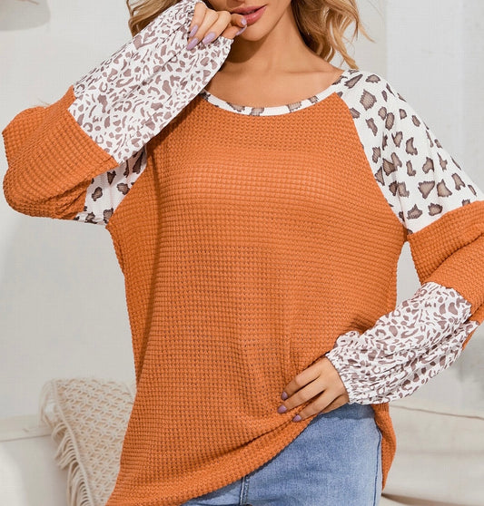 Leopard Waffle-Knit Blouse