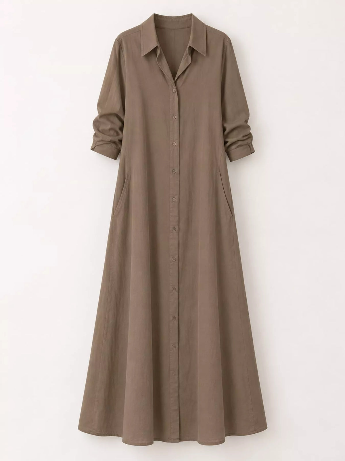 Olive brown button-front long sleeve maxi shirt dress on a hanger