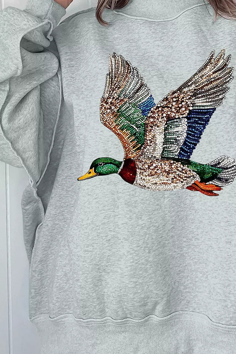 Gray mock-neck sweatshirt with close-up style view of sequin mallard duck graphic