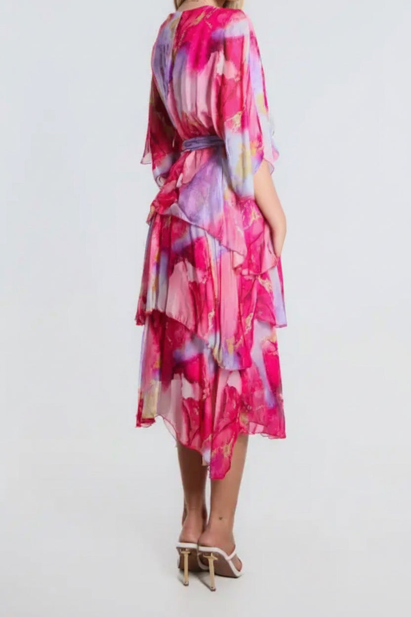 Ruffled Italian Silk Dress (Pink)