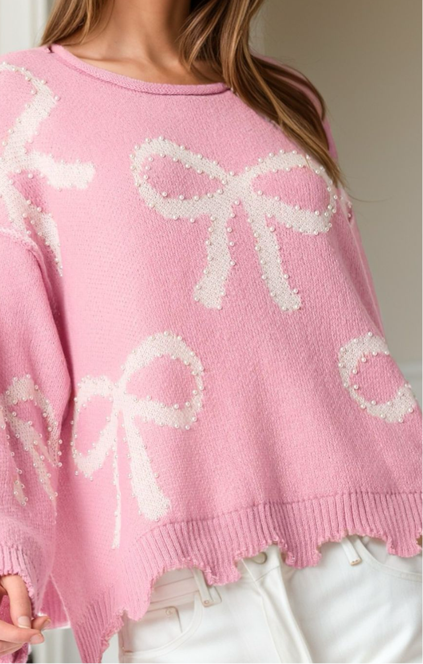 Pearl Detail Bow Round Neck Long Sleeve Sweater