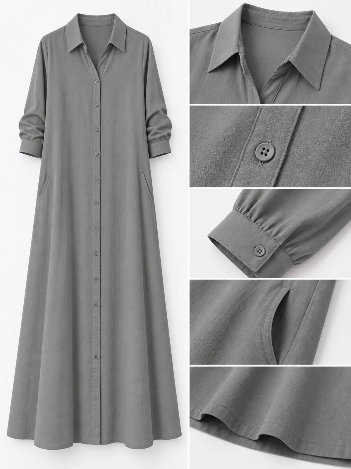Gray maxi shirt dress details: button placket, pointed collar, rolled cuffs