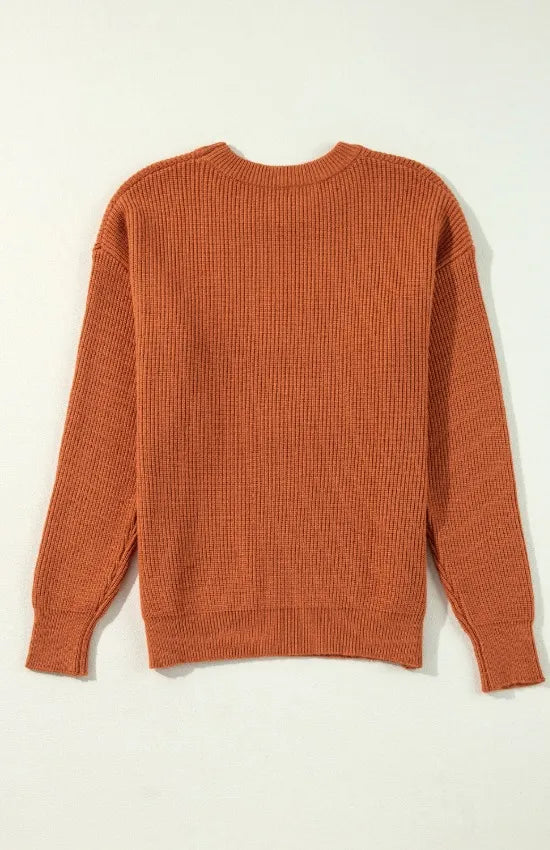 Terracotta knit crewneck sweater with long sleeves, plain back