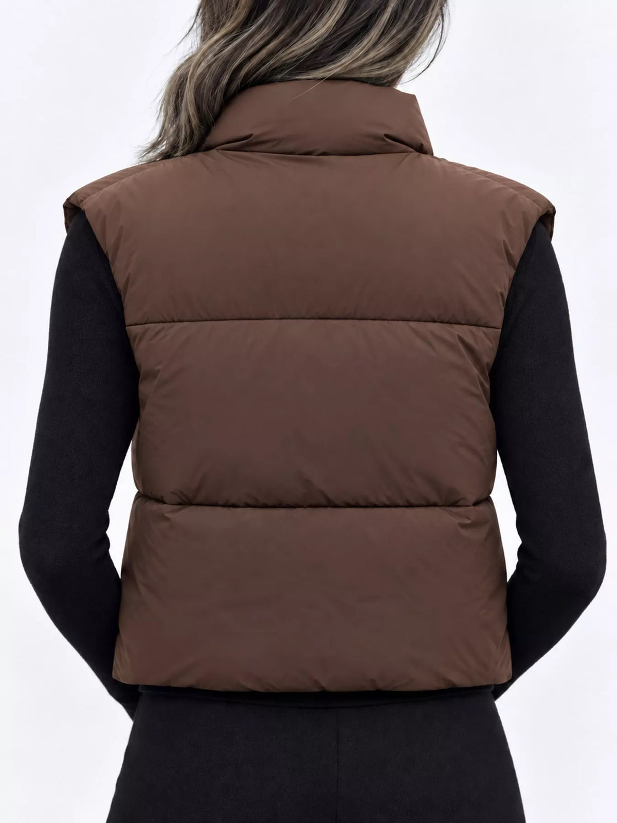 Mocha-brown back view zip-up puffer vest with stand collar and horizontal quilting