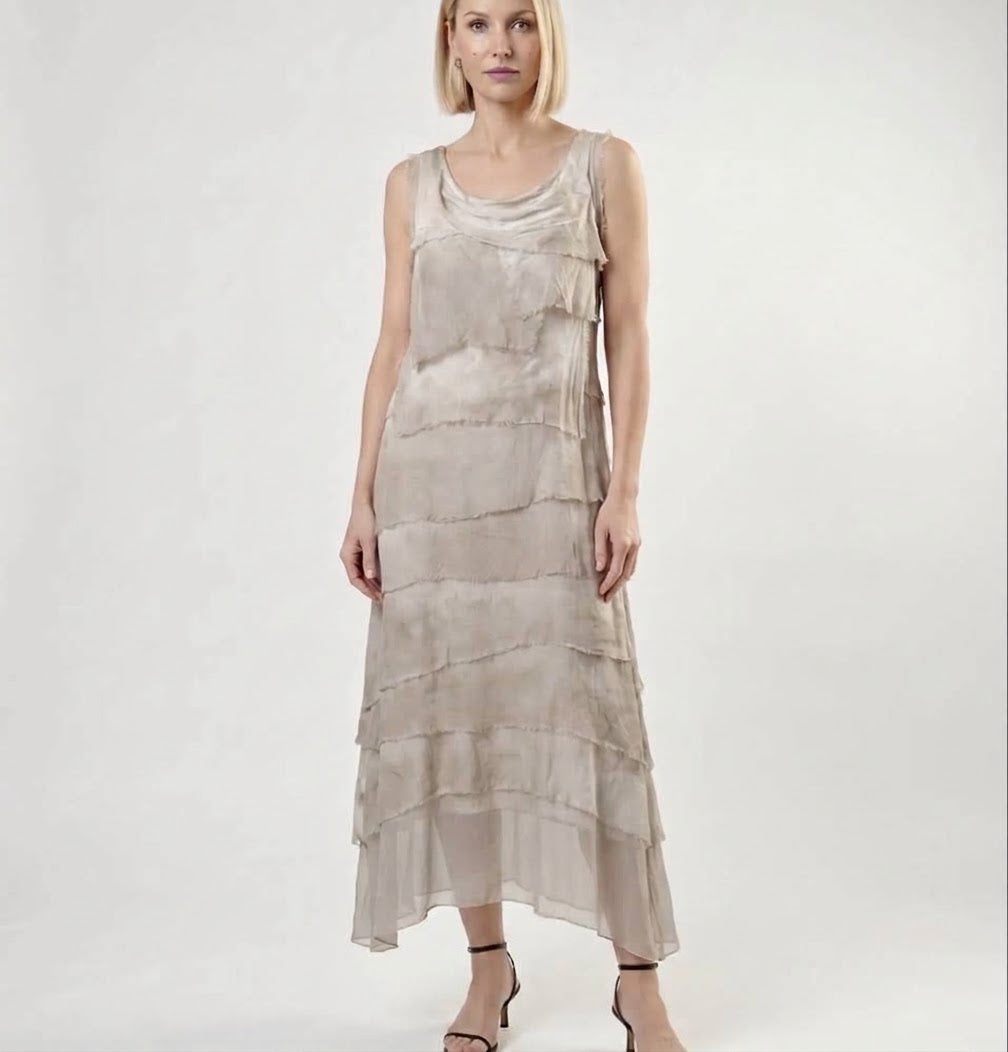 Beige ruffled silk sleeveless midi dress with tiered layers and draped neckline