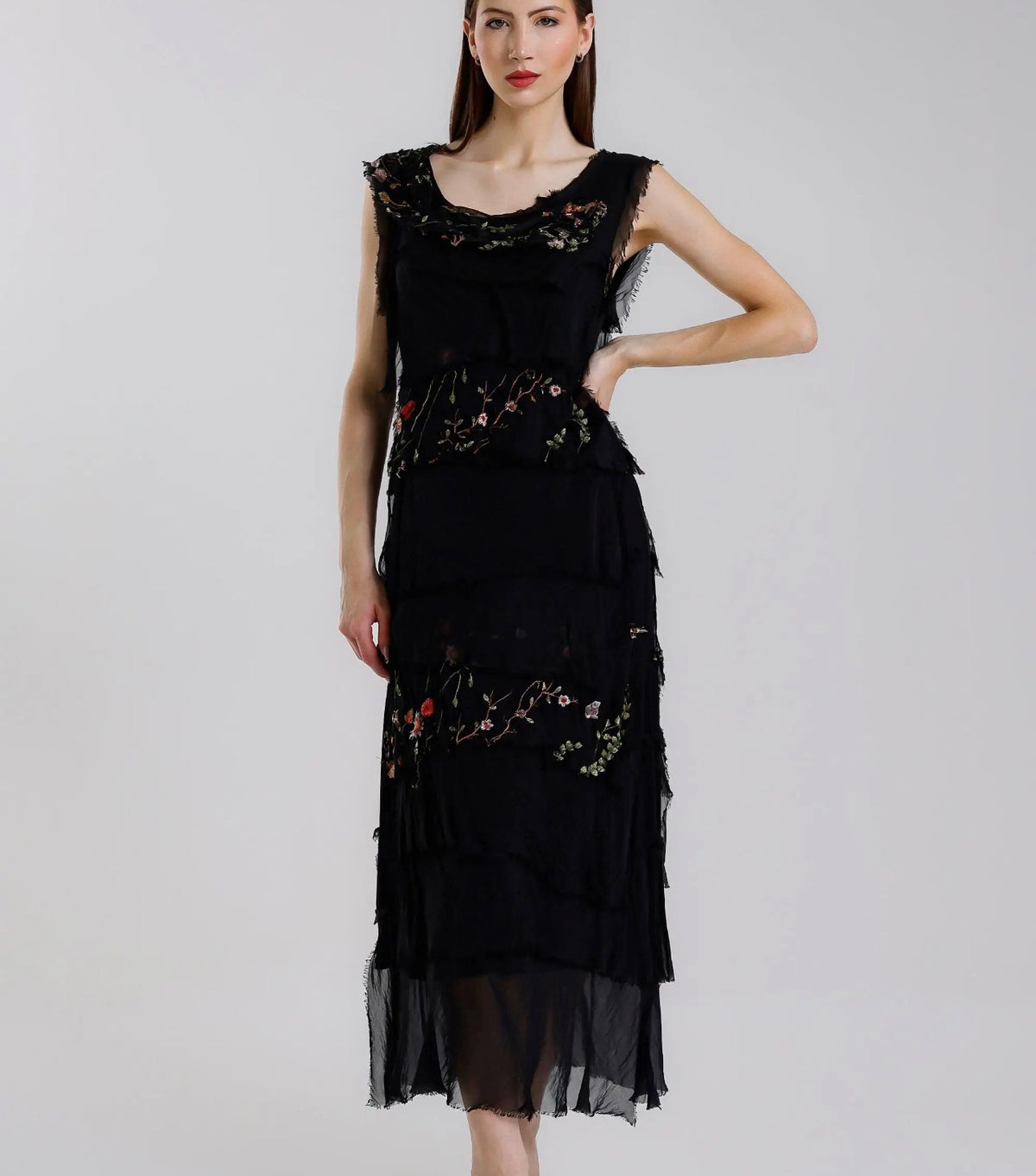 Embroidered Italian Silk Maxi Ruffle Dress