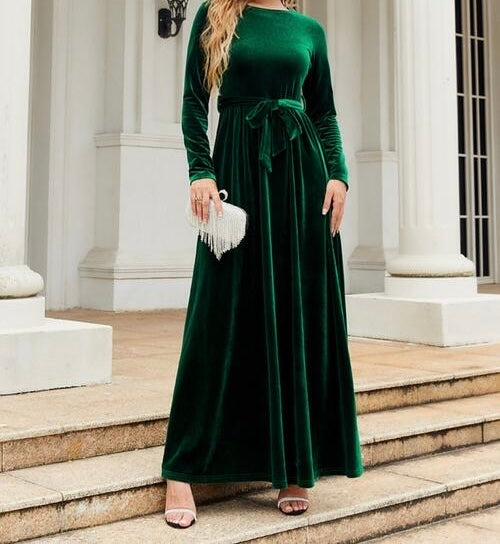 Tie Front Round Neck Long Sleeve Maxi Dress