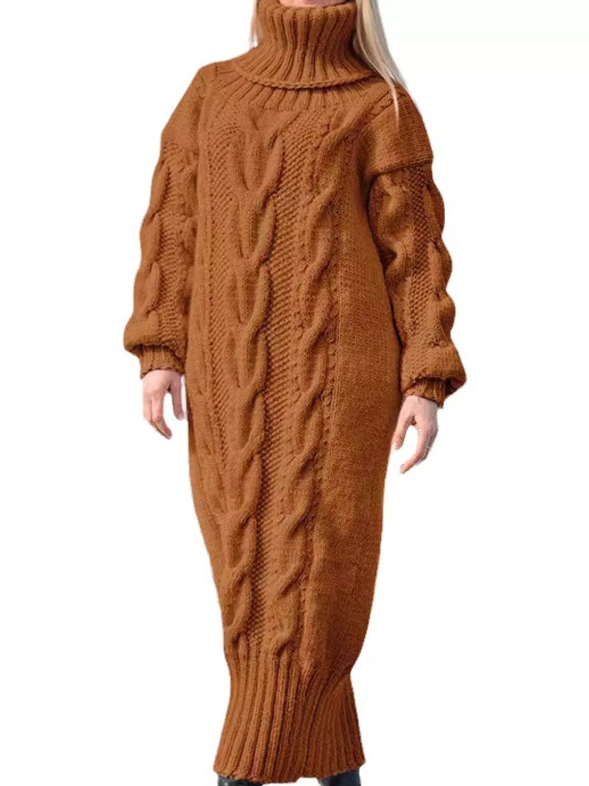 Chunky cable knit turtleneck sweater dress, long sleeves, camel textured knit