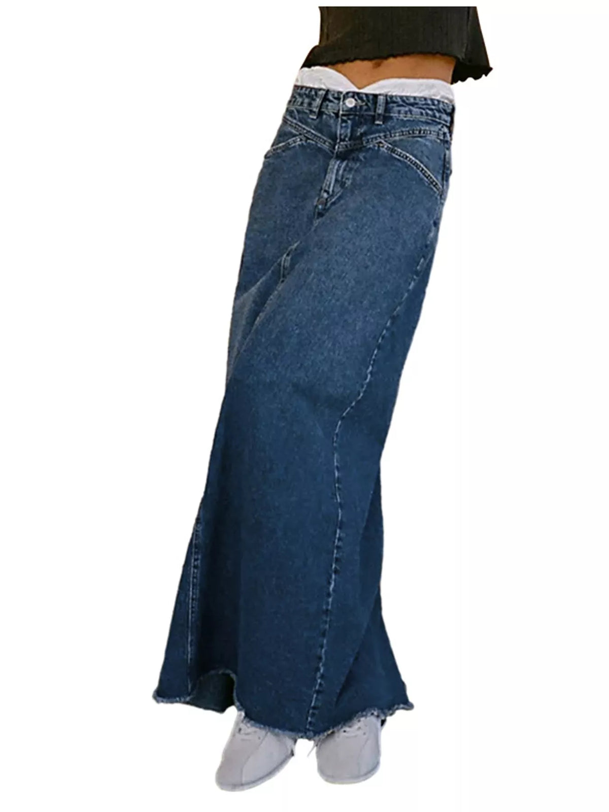 Dark blue raw-hem maxi denim skirt with button fly and visible seam stitching