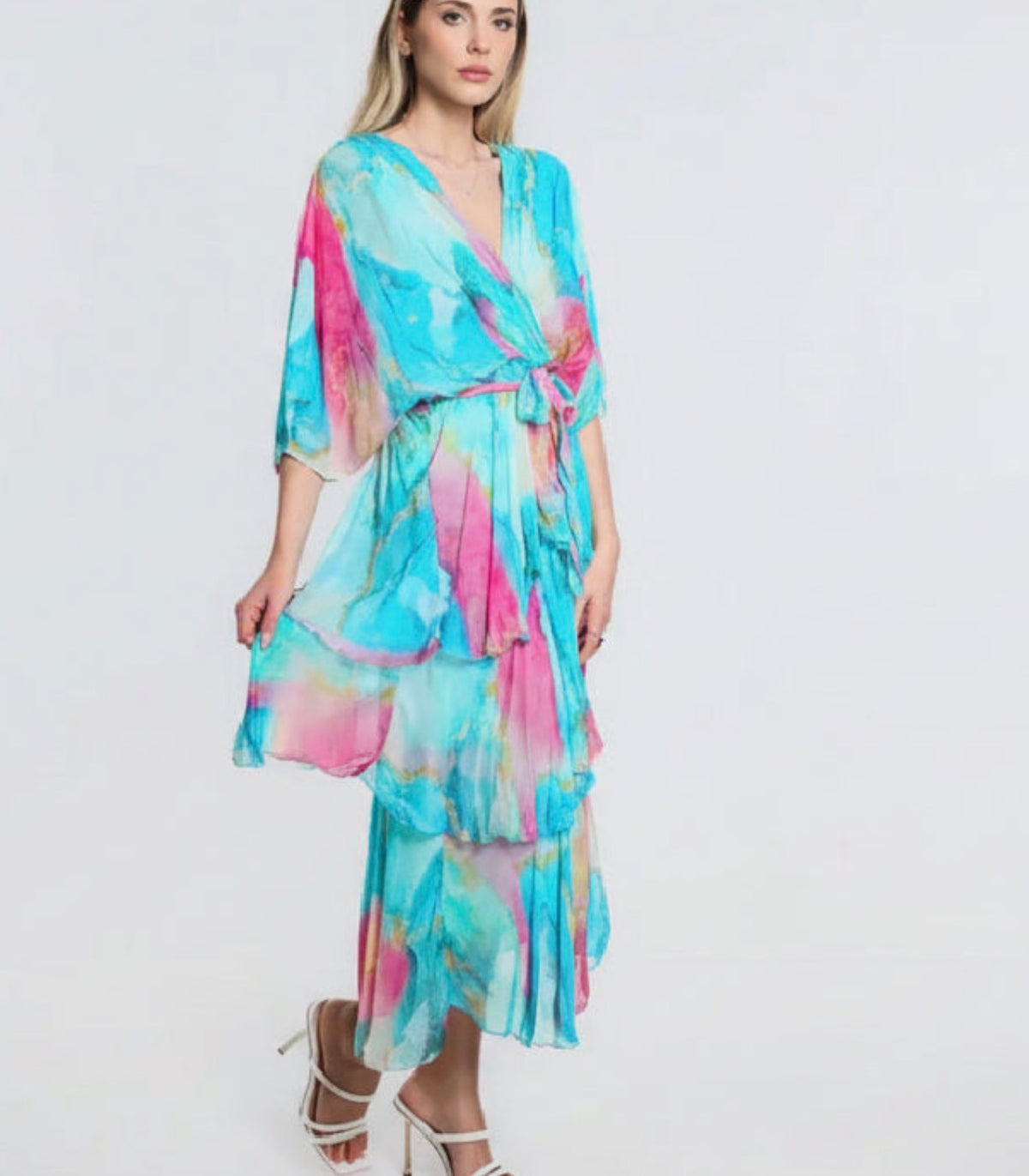 Ruffled silk midi dress, V-neck and tie waist, multilevel tiered skirt, blue-pink watercolor