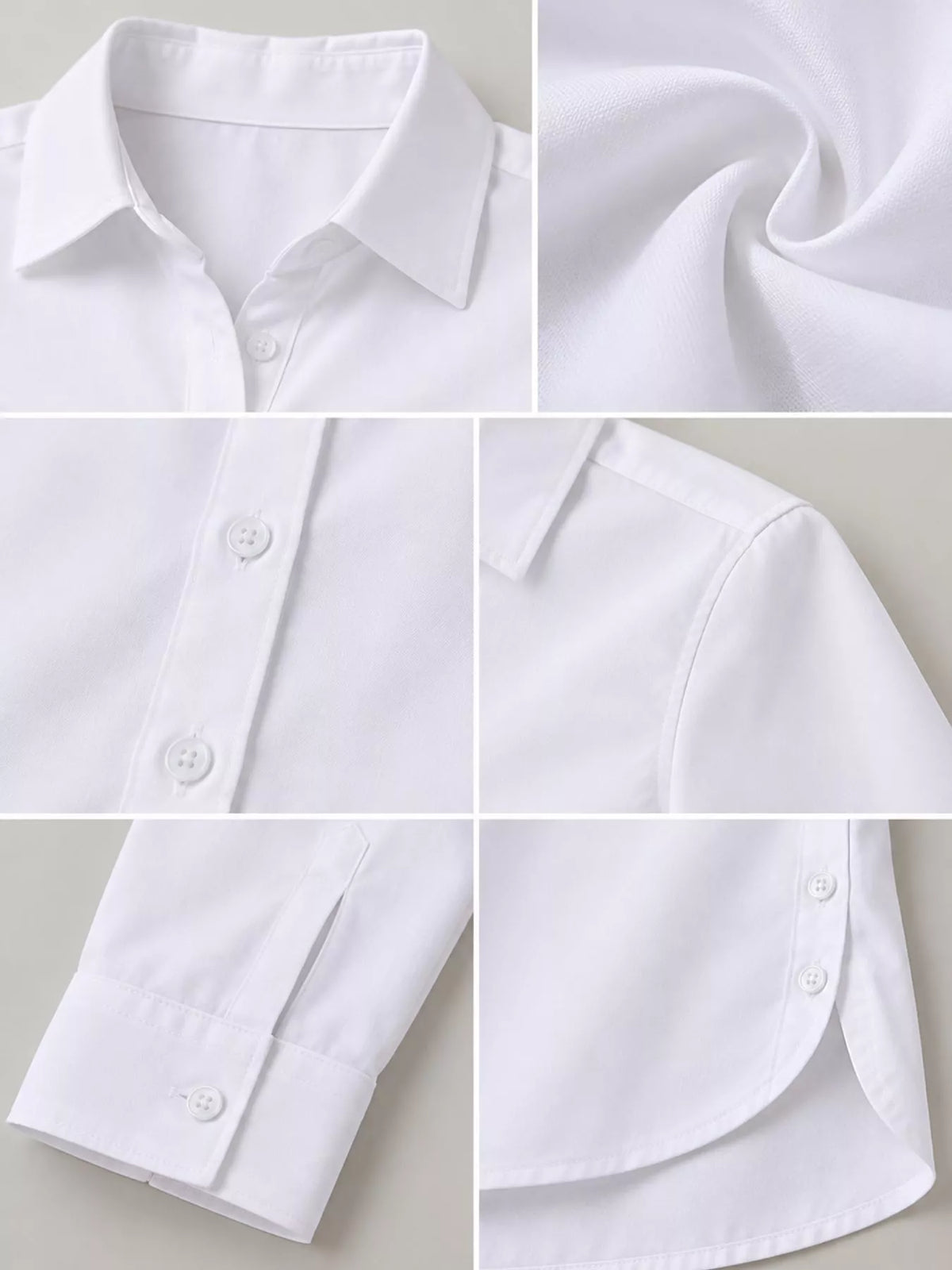 White button-up shirt detail: point collar, button placket, and buttoned cuff