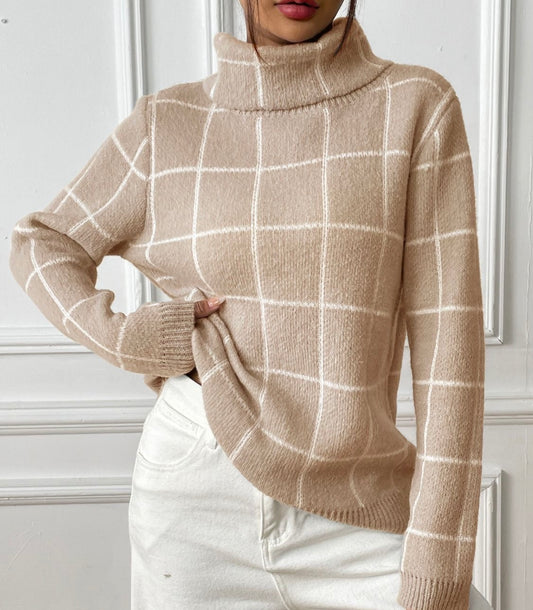 Plaid Turtleneck Long Sleeve Sweater