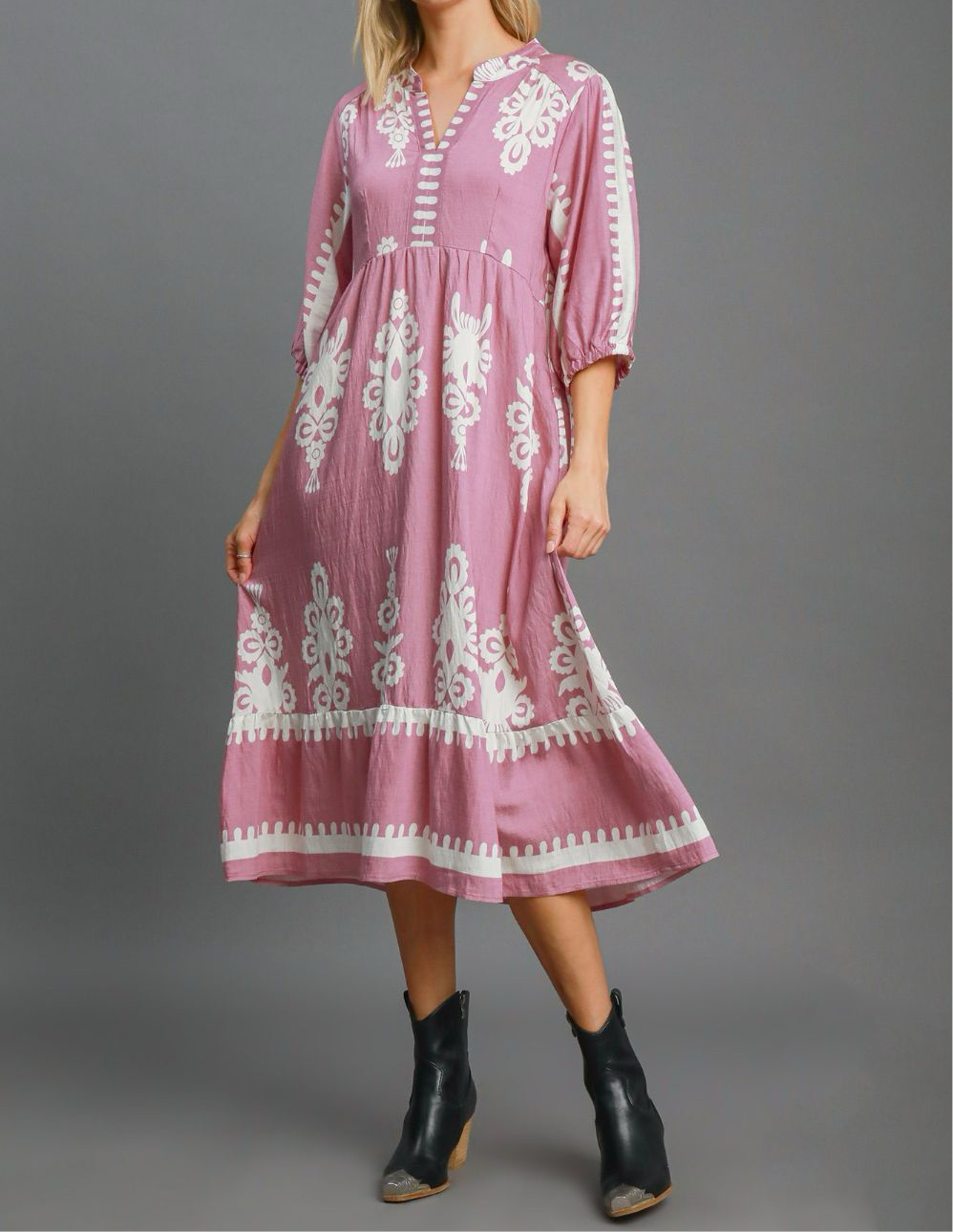 Umgee Printed Notched Midi Dress