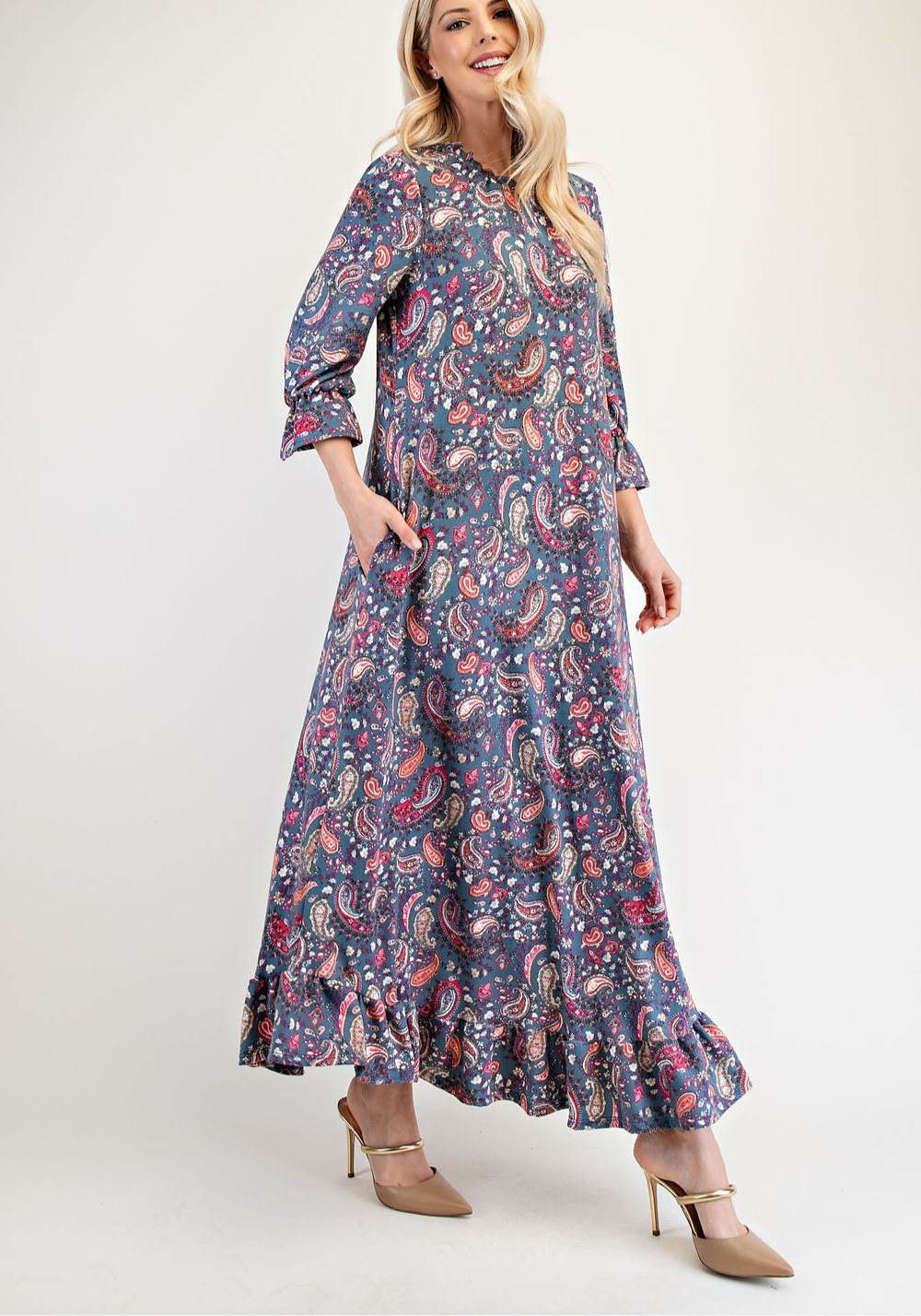 Celeste Full Size Ruffle Hem Paisley Round Neck Dress