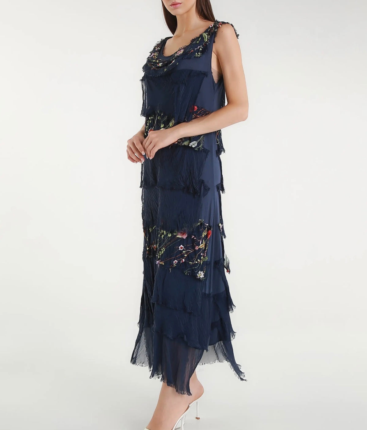 Embroidered Italian Silk Maxi Ruffle Dress (Navy)