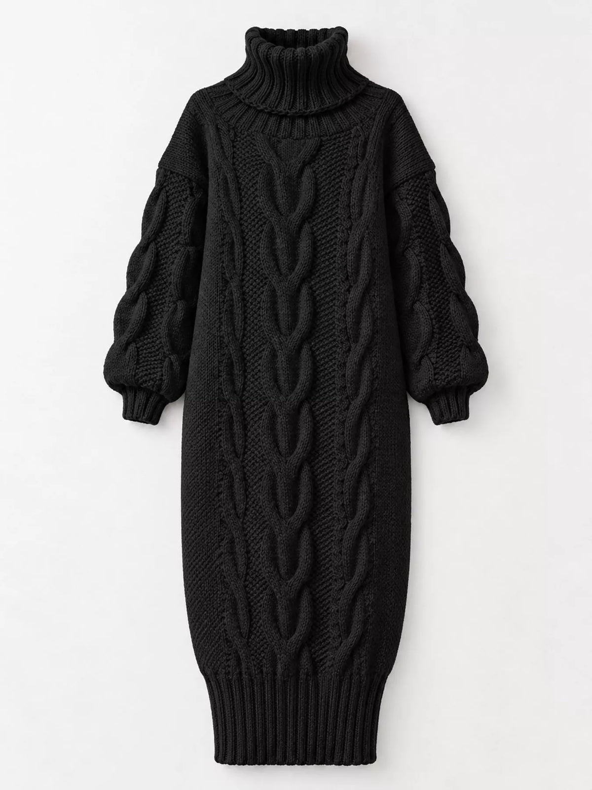 Chunky cable knit turtleneck sweater dress, black, chunky cable knit, long sleeves, midi hem