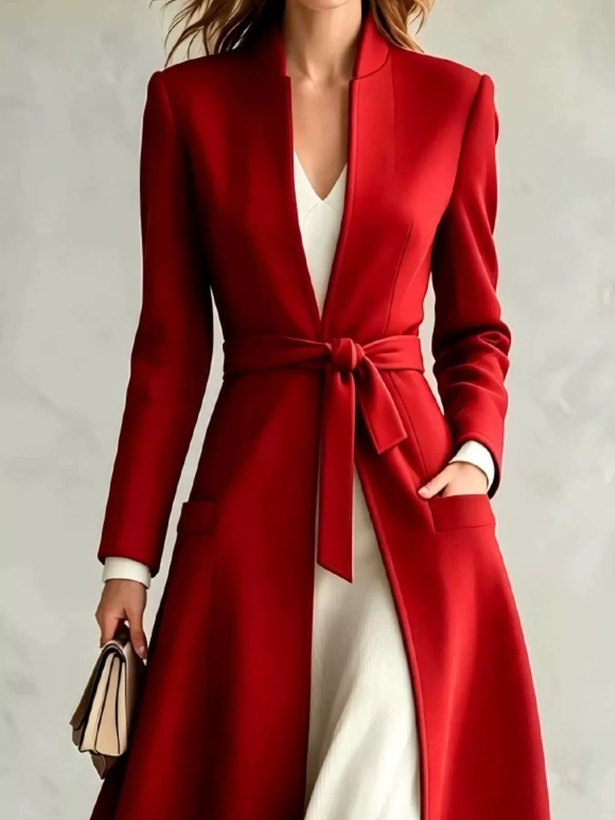 Red long sleeve tie-waist coat with V-neck, belt tie, and patch pocket detail