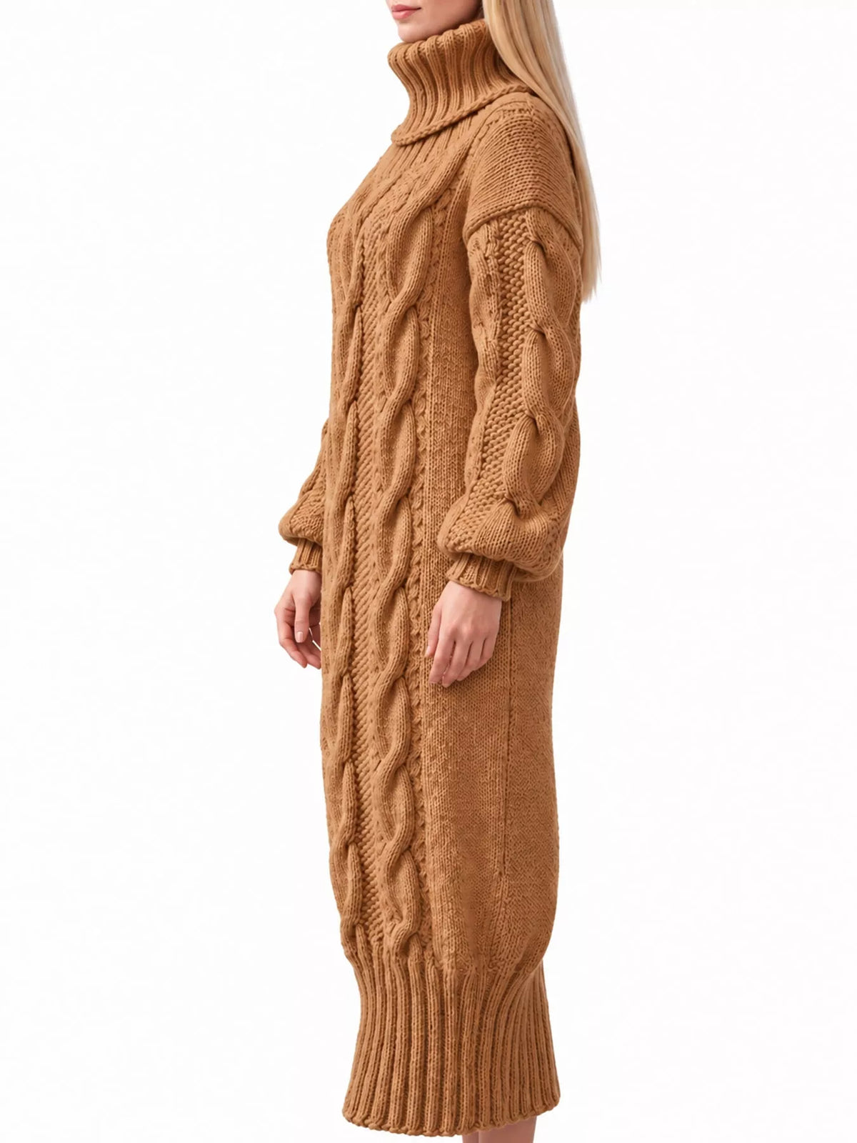 Chunky cable knit turtleneck sweater dress, side view, camel textured knit