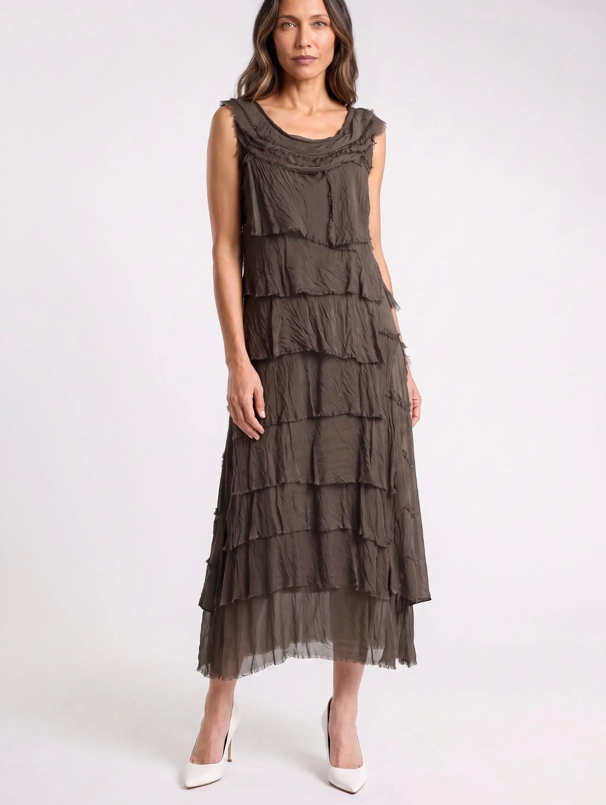 Espresso tiered ruffle silk sleeveless midi dress with draped cowl neckline
