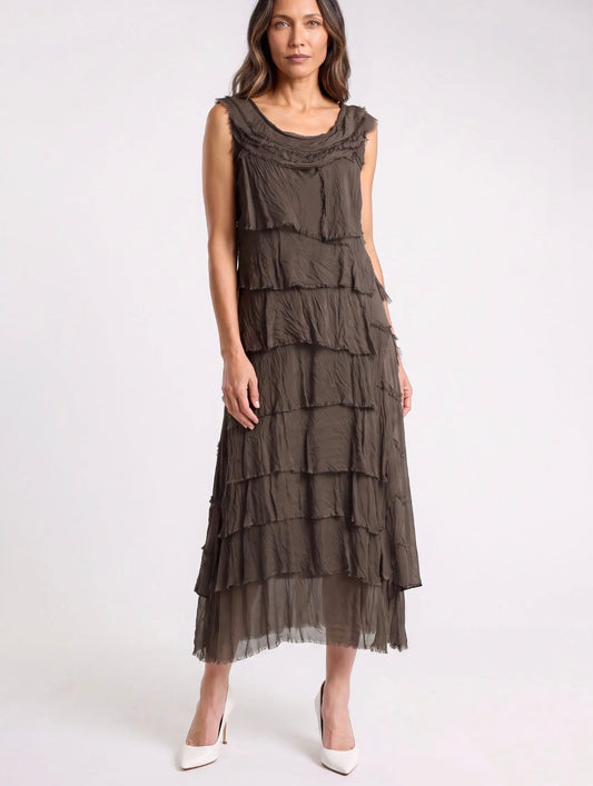Espresso tiered ruffle silk sleeveless midi dress with draped cowl neckline
