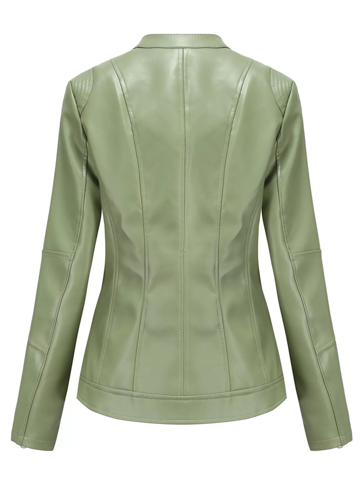 Light green faux leather moto jacket back view with seam panels