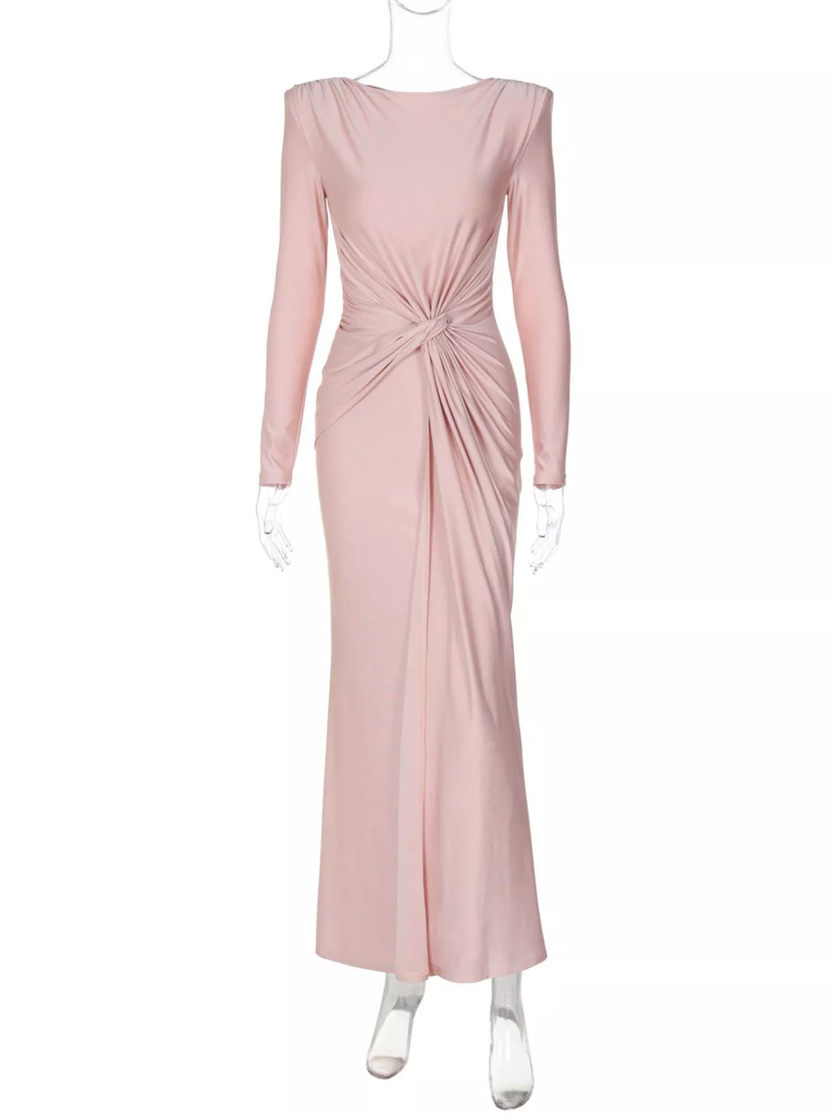 Pink twisted long-sleeve maxi dress with gathered twist at the center back