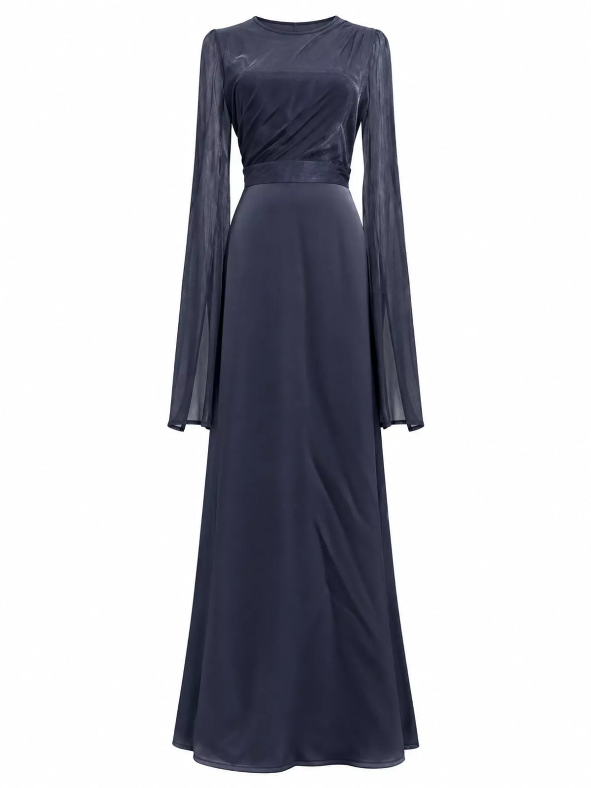 Dark blue maxi dress with a ruched bodice and long sheer flared sleeves