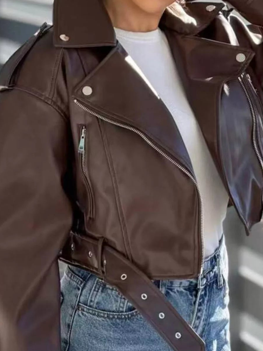 Dark brown faux leather zip-up jacket with stand collar and zip pockets
