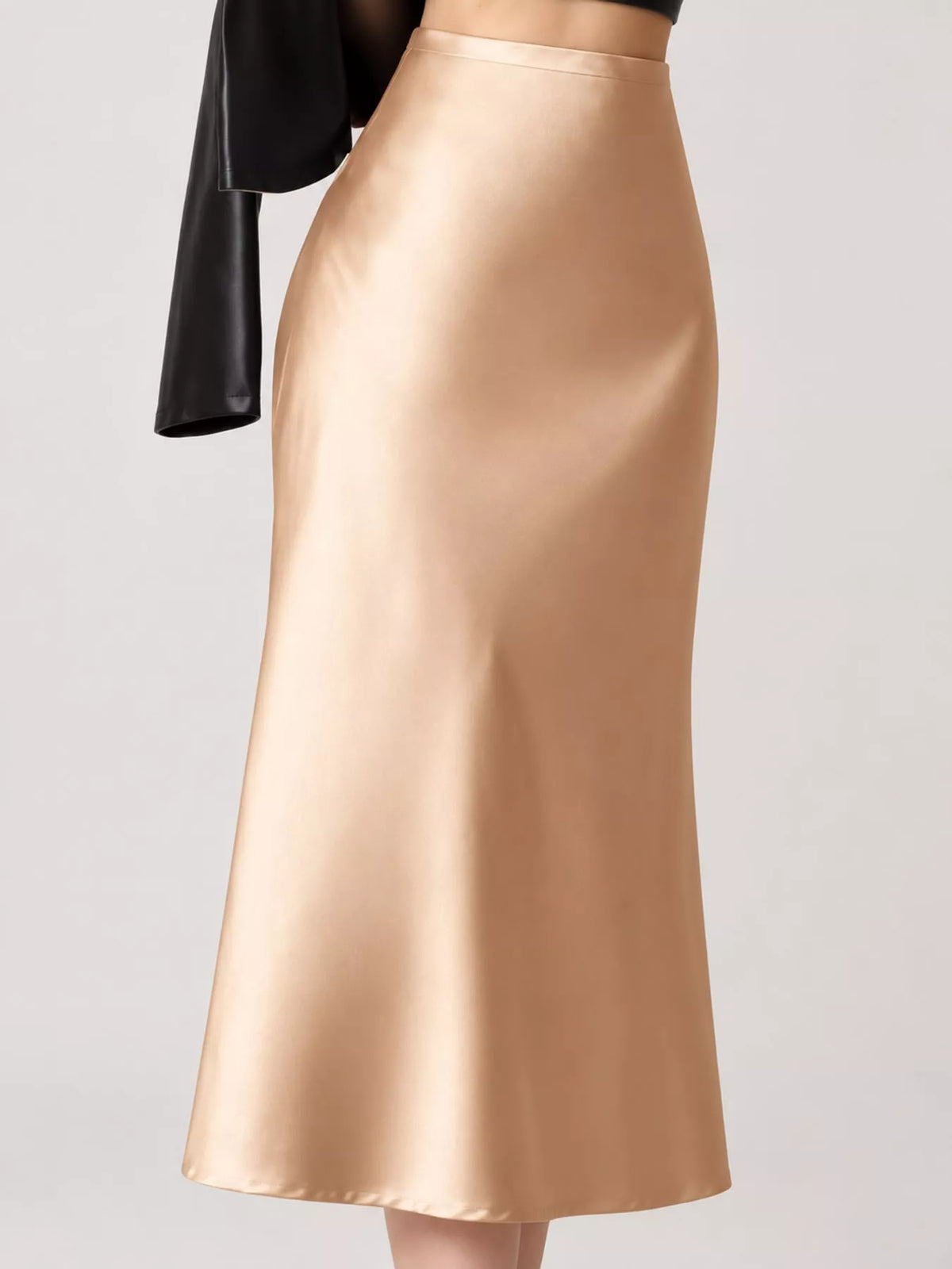 High-waisted satin midi skirt in khaki satin, clean silhouette with subtle shine