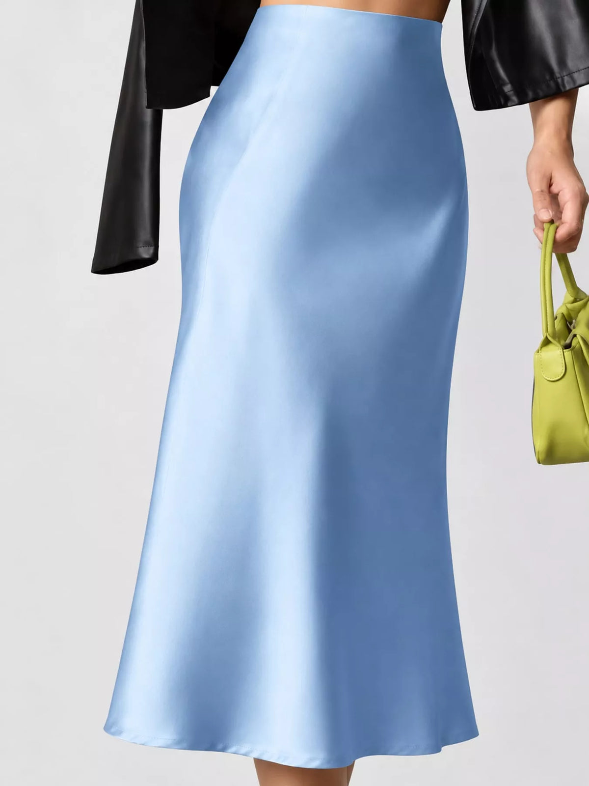 Light blue satin high-waisted midi skirt, smooth drape, straight A-line hem