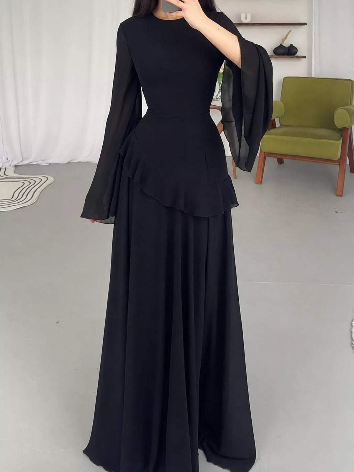 Plus size ruffled flare sleeve maxi dress in dark blue, flowing skirt with tiered ruffle