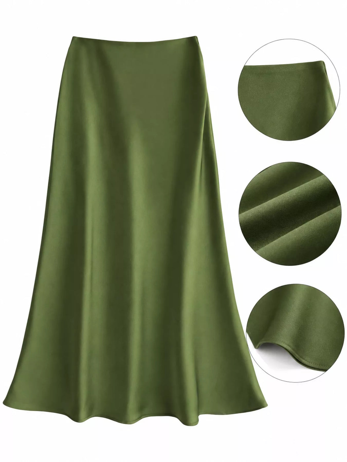 Olive green satin midi skirt with flared hem and fabric detail insets
