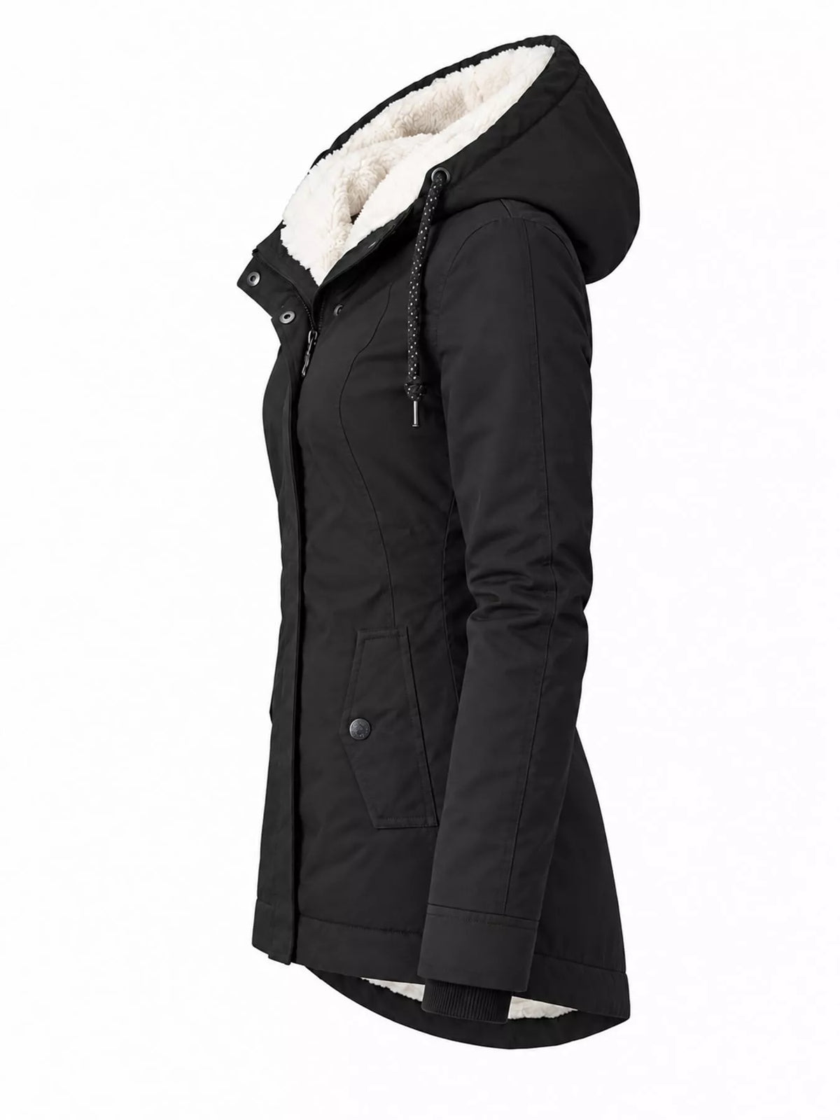 Black sherpa-lined hooded parka, side view with snap placket and quilted hood lining